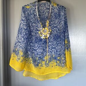 Soft Surroundings Women Blue Yellow Sheer V-Neck Top  Beaded Long Sleeve sz S
